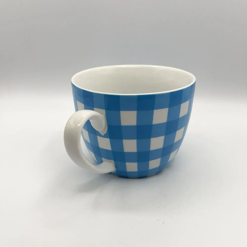 Crate & Barrel Coffee Mug Cup Gingham Plaid Blue White